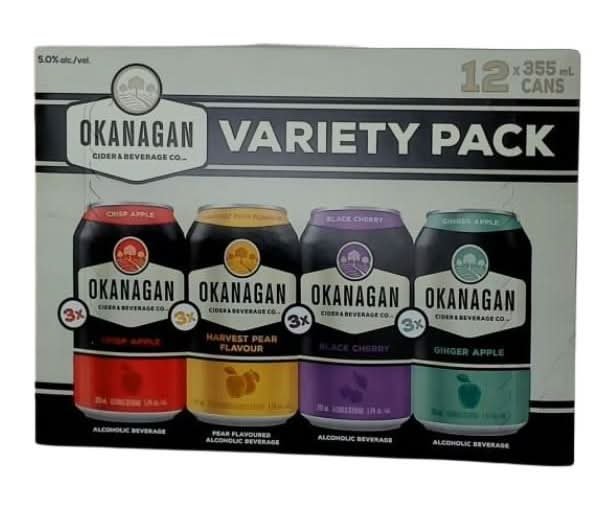 Okanagan Apple Cider Hard Cider Variety Pack, Crisp Apple-Harvest Pear-Black Cherry-Ginger Apple (12 X 355 Ml)