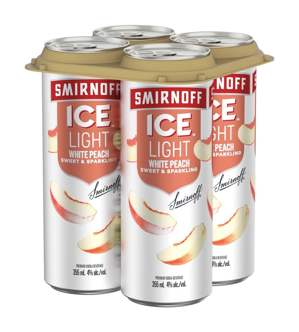 Smirnoff Premium Light Sweet & Sparkling Vodka, White Peach (4 X 355 Ml)