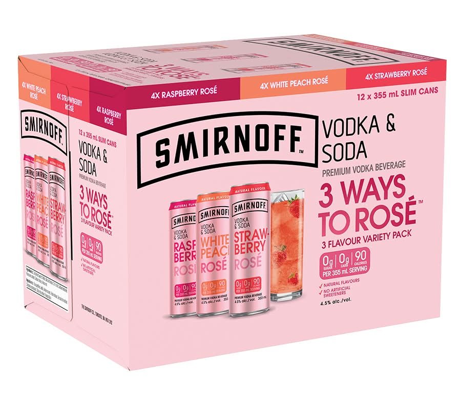 Smirnoff 3 Ways To Ros Vodka & Soda Variety Pack, Raspberry Ros-White Peach Ros-Strawberry Ros (12 X 355 Ml)